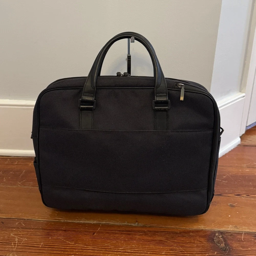 Dunhill Black Leather Dark Gray Canvas Business Bag Briefcase Men Tech Sleeve
